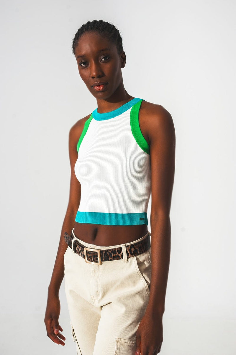 Q2 Tops Ribbed cropped vest top in blue