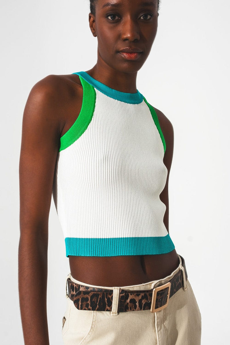 Q2 Tops Ribbed cropped vest top in blue