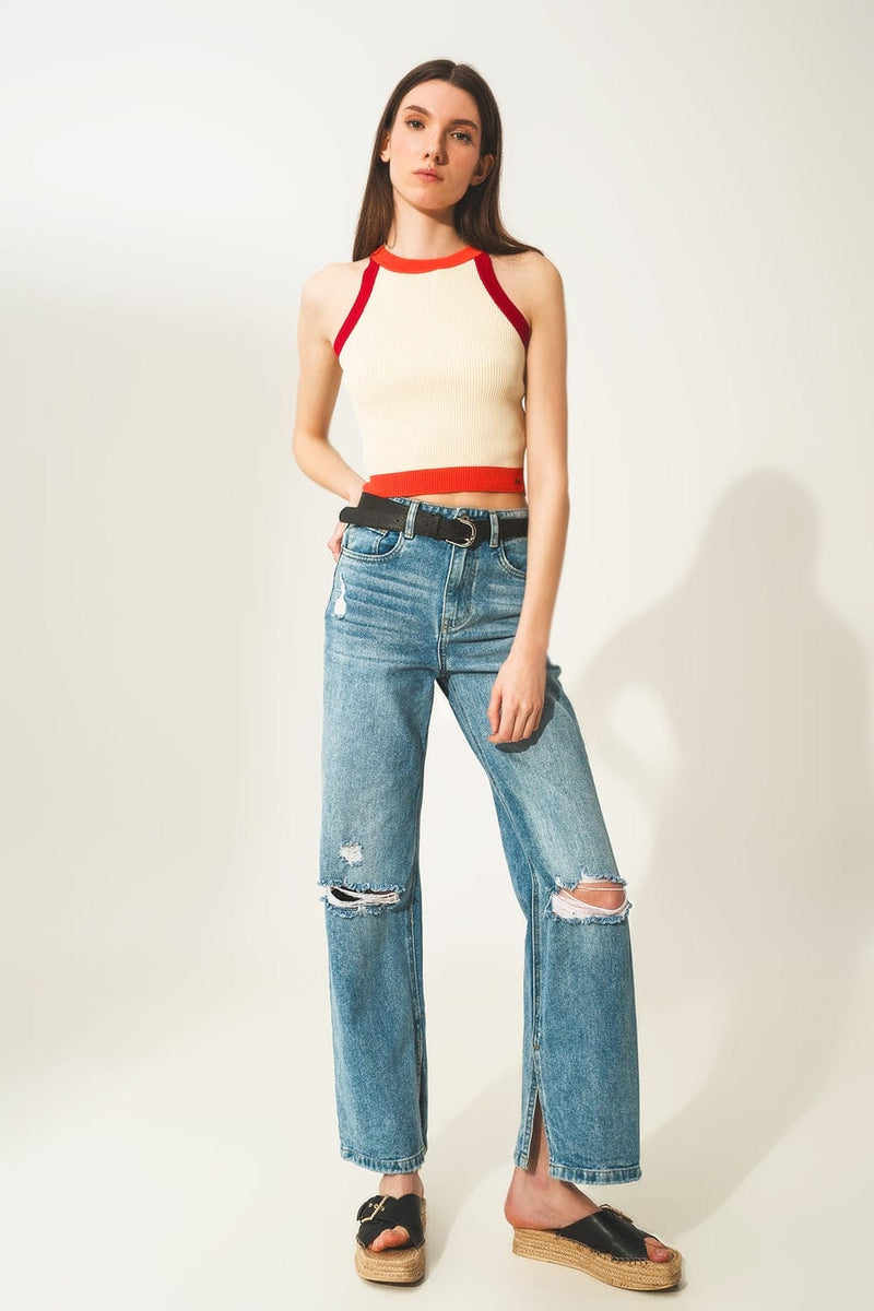 Q2 Tops Ribbed cropped vest top in red