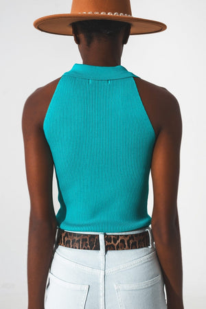 Q2 Tops Ribbed knitted top with polo neck in turquoise