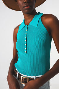 Q2 Tops Ribbed knitted top with polo neck in turquoise