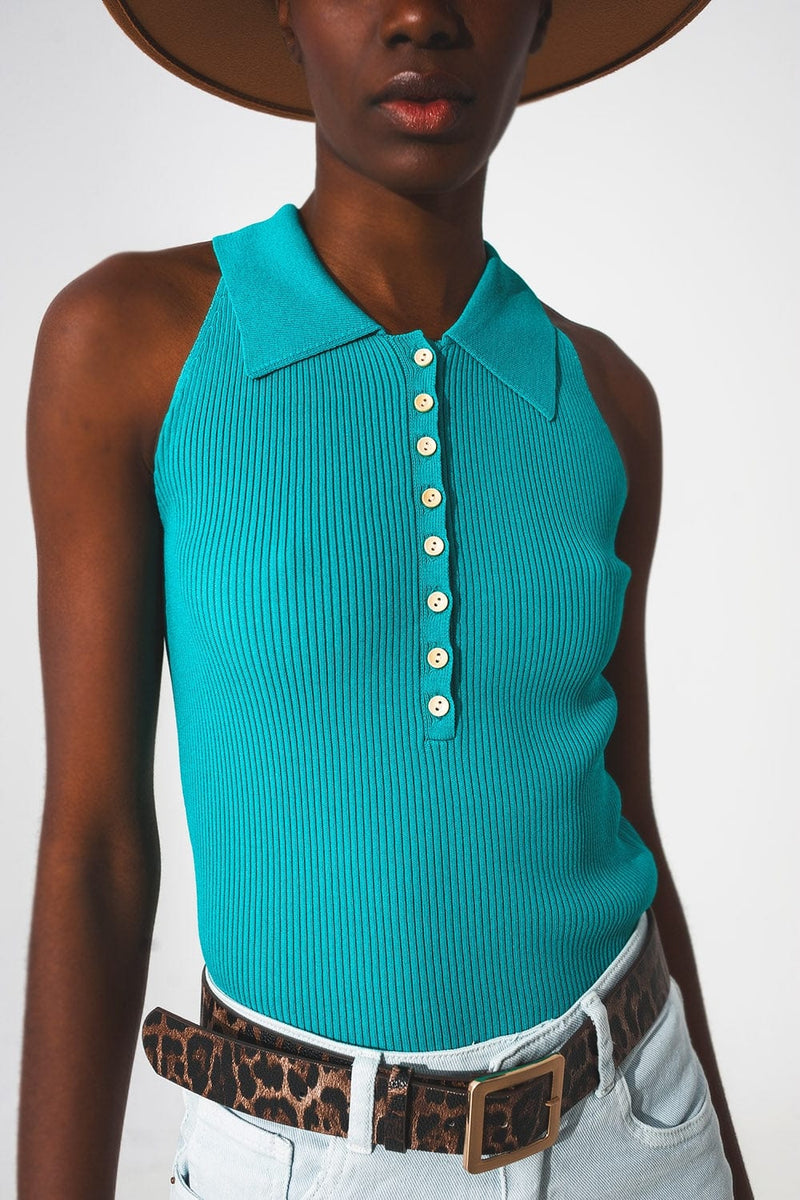 Q2 Tops Ribbed knitted top with polo neck in turquoise