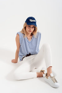 Q2 Tops sleeveless t-shirt with shoulder pad in blue stripe