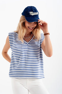 Q2 Tops sleeveless t-shirt with shoulder pad in blue stripe