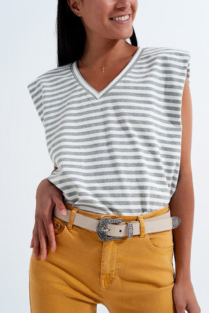 Q2 Tops Sleeveless t shirt with shoulder pad in gray stripe