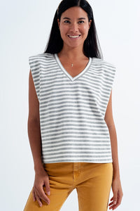 Q2 Tops Sleeveless t shirt with shoulder pad in gray stripe