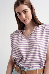 Q2 Tops sleeveless t-shirt with shoulder pad in purple stripe