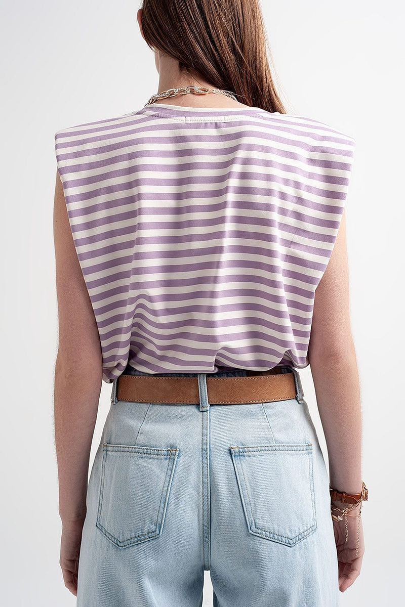 Q2 Tops sleeveless t-shirt with shoulder pad in purple stripe