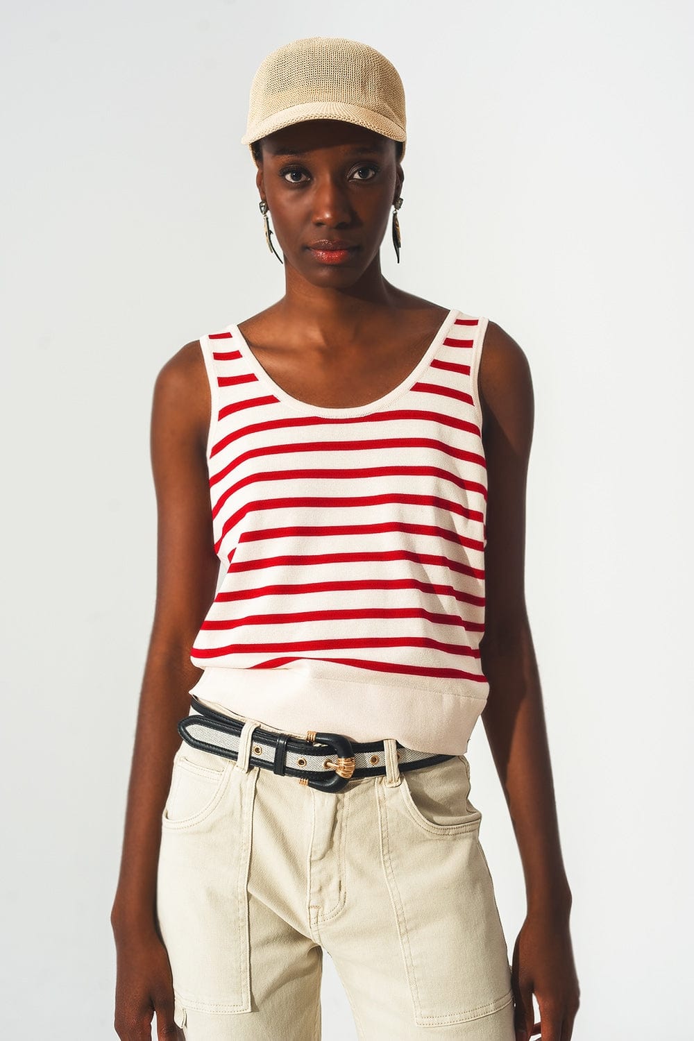 Q2 Tops Striped cropped top in red and white