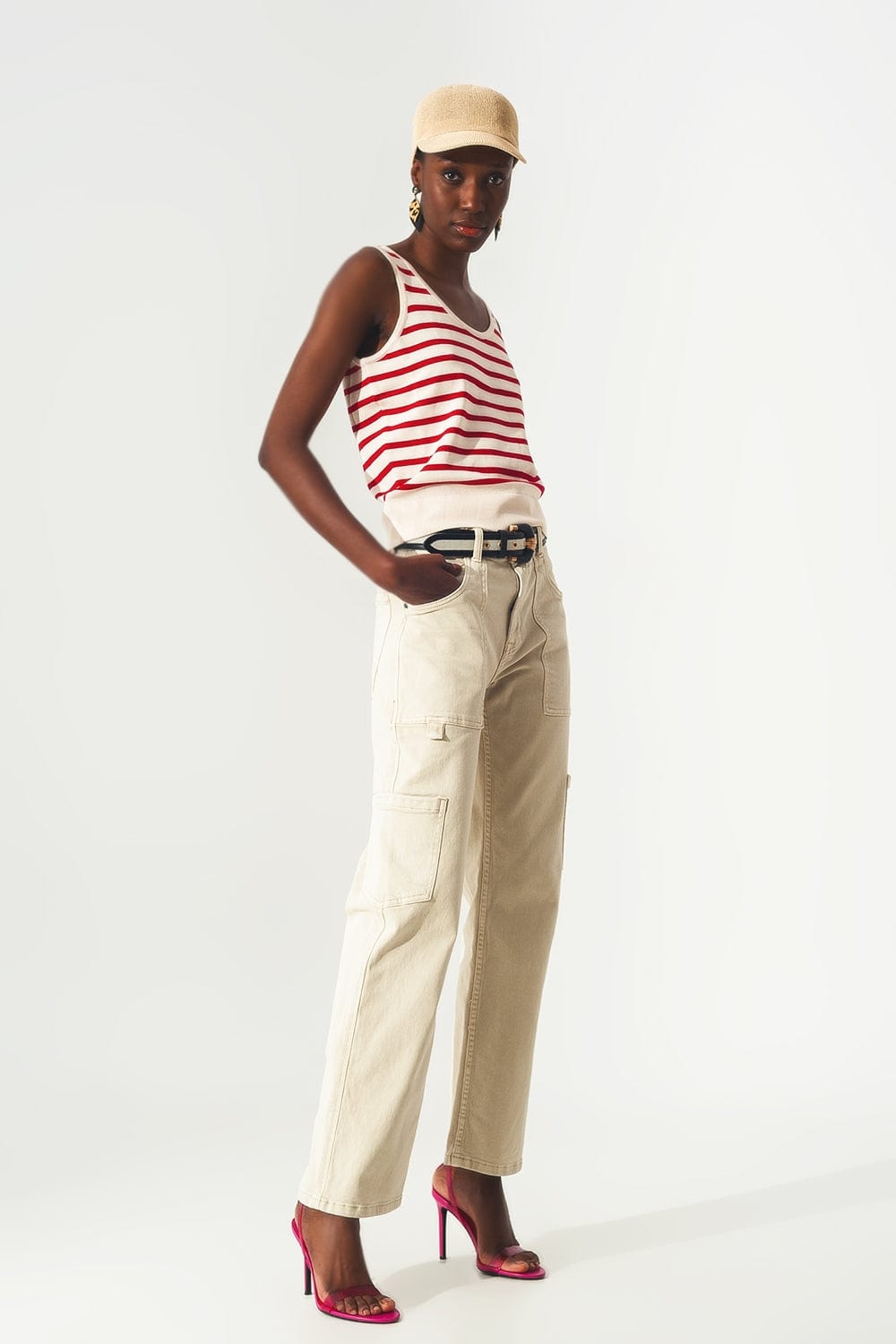 Q2 Tops Striped cropped top in red and white