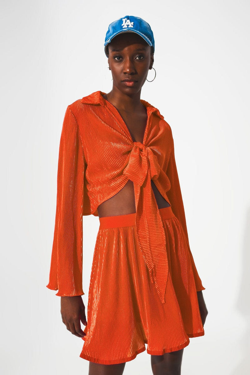 Q2 Tops Tie front pleated crop top  in orange