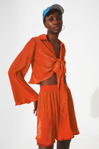 Q2 Tops Tie front pleated crop top  in orange