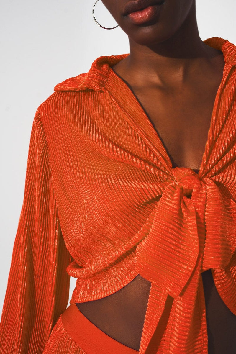 Q2 Tops Tie front pleated crop top  in orange