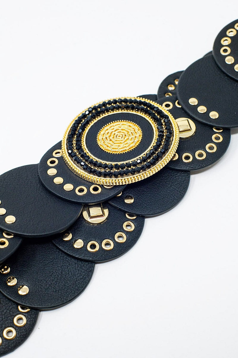 Q2 Women's Belt Black Leather Belt With Black Rhinestone Round Buckle And Golden Details