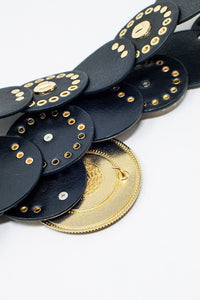 Q2 Women's Belt Black Leather Belt With Black Rhinestone Round Buckle And Golden Details