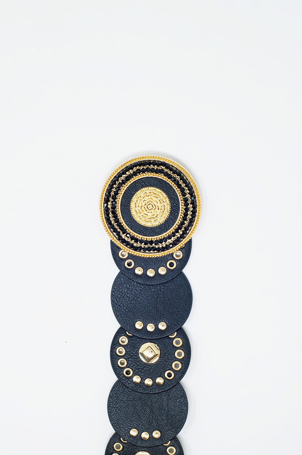 Q2 Women's Belt Black Leather Belt With Black Rhinestone Round Buckle And Golden Details