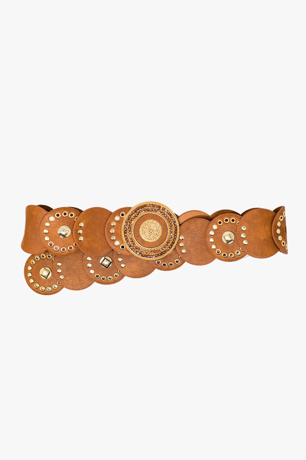 Q2 Women's Belt Brown Leather Belt With Gold Rhinestone Round Buckle And Golden Details