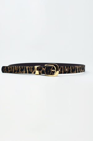 Q2 Women's Belt Dark Brown Thin Leopard Belt With Gold Buckle