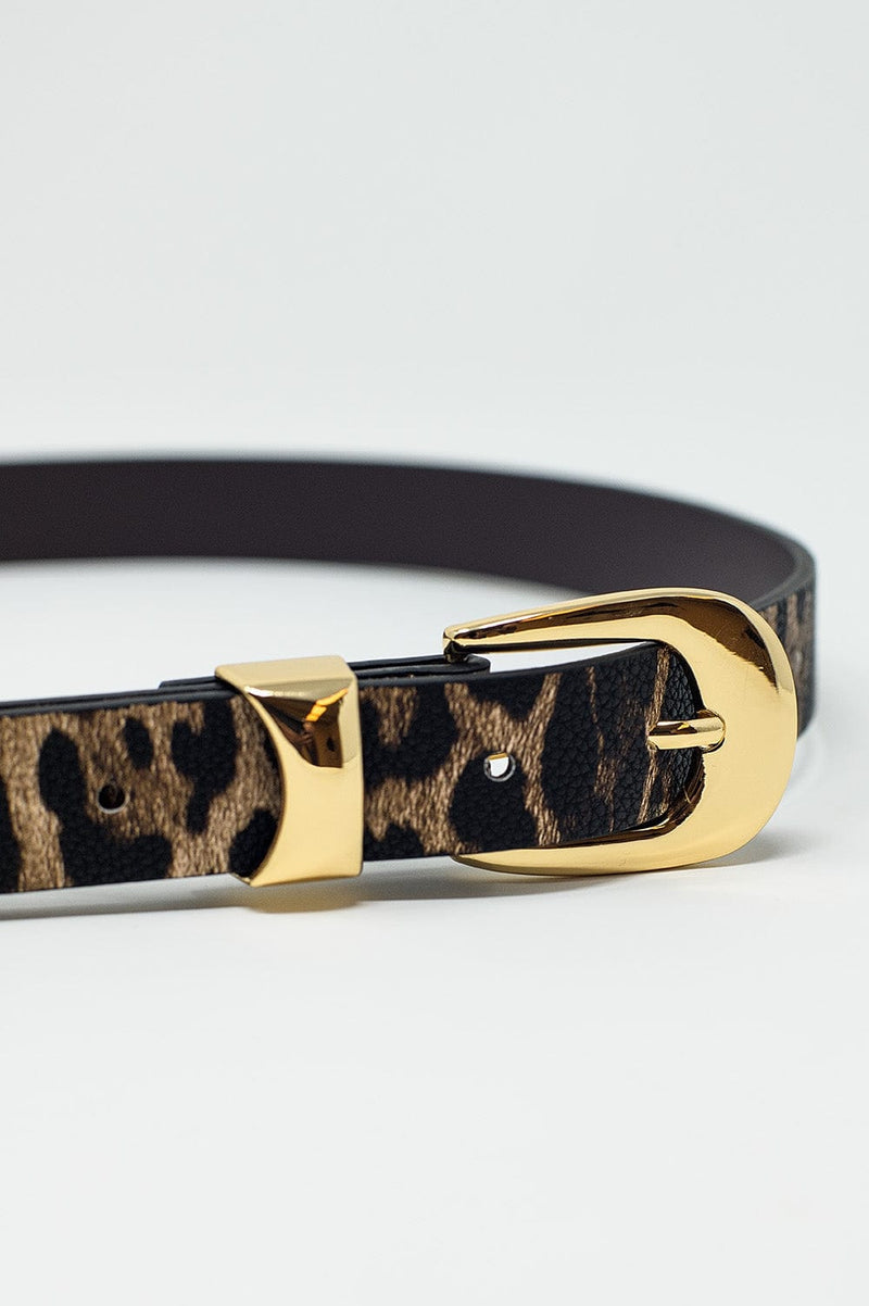 Q2 Women's Belt Dark Brown Thin Leopard Belt With Gold Buckle