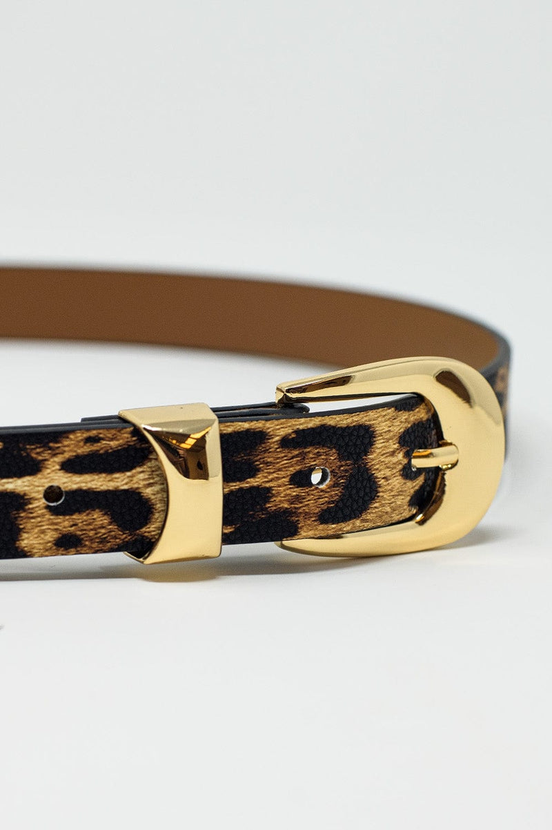 Q2 Women's Belt Light Brown Thin Leopard Belt With Gold Buckle