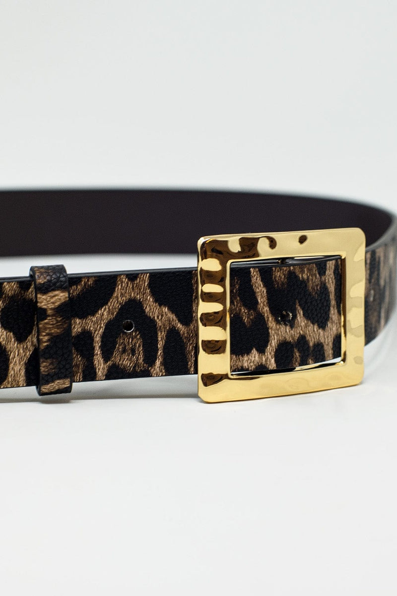 Q2 Women's Belt Medium Width Leopard Belt In Dark Brown With Gold Buckle