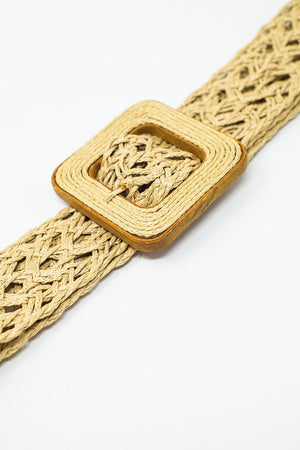 Q2 Women's Belt One Size / Beige Beige Woven Belt With Big Square Buckle With Brown Border