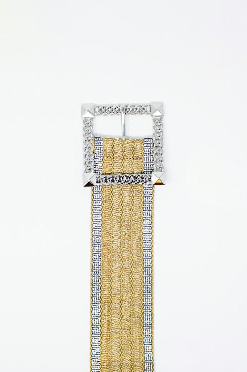 Q2 Women's Belt One Size / Beige Wide Beige Woven Belt With Strass On The Edges And Big Silver Square Buckle