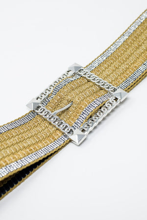 Q2 Women's Belt One Size / Beige Wide Beige Woven Belt With Strass On The Edges And Big Silver Square Buckle