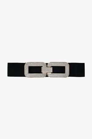 Q2 Women's Belt One Size / Black Black Elastic Belt With Double Oval Buckle With Rhinestone Inlays