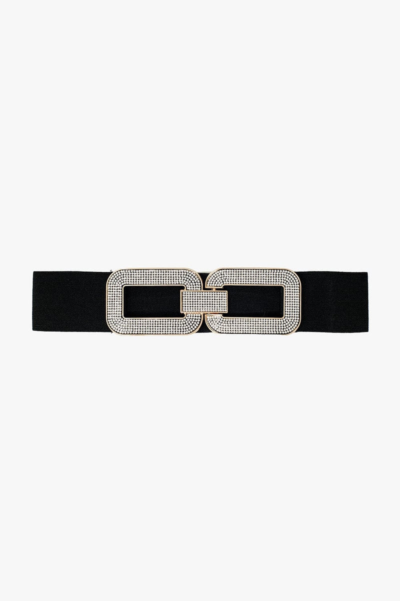 Q2 Women's Belt One Size / Black Black Elastic Belt With Double Oval Buckle With Rhinestone Inlays