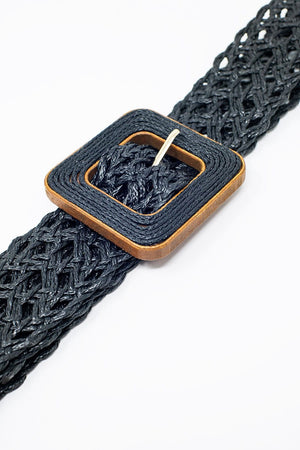 Q2 Women's Belt One Size / Black Black Woven Belt With Square Buckle With Brown Border
