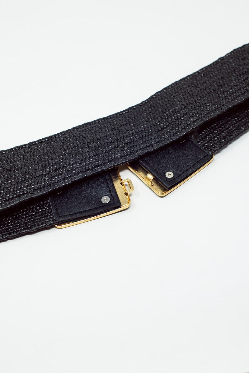 Q2 Women's Belt One Size / Black Black Woven Belt With Square Buckle With White And Gold Details
