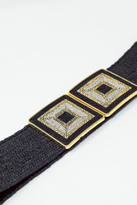 Q2 Women's Belt One Size / Black Black Woven Belt With Square Buckle With White And Gold Details