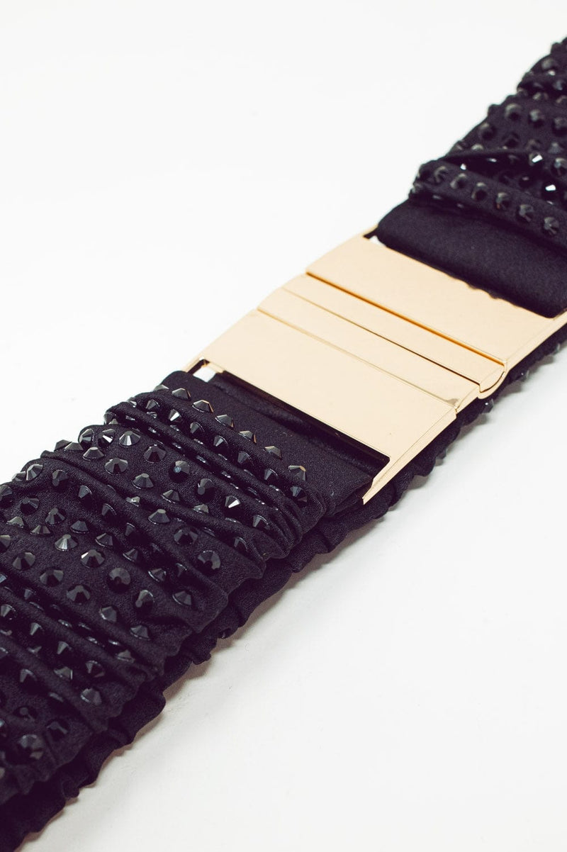 Q2 Women's Belt One Size / Black / China Elasticated Beaded Belt With Golden Buckle in Black