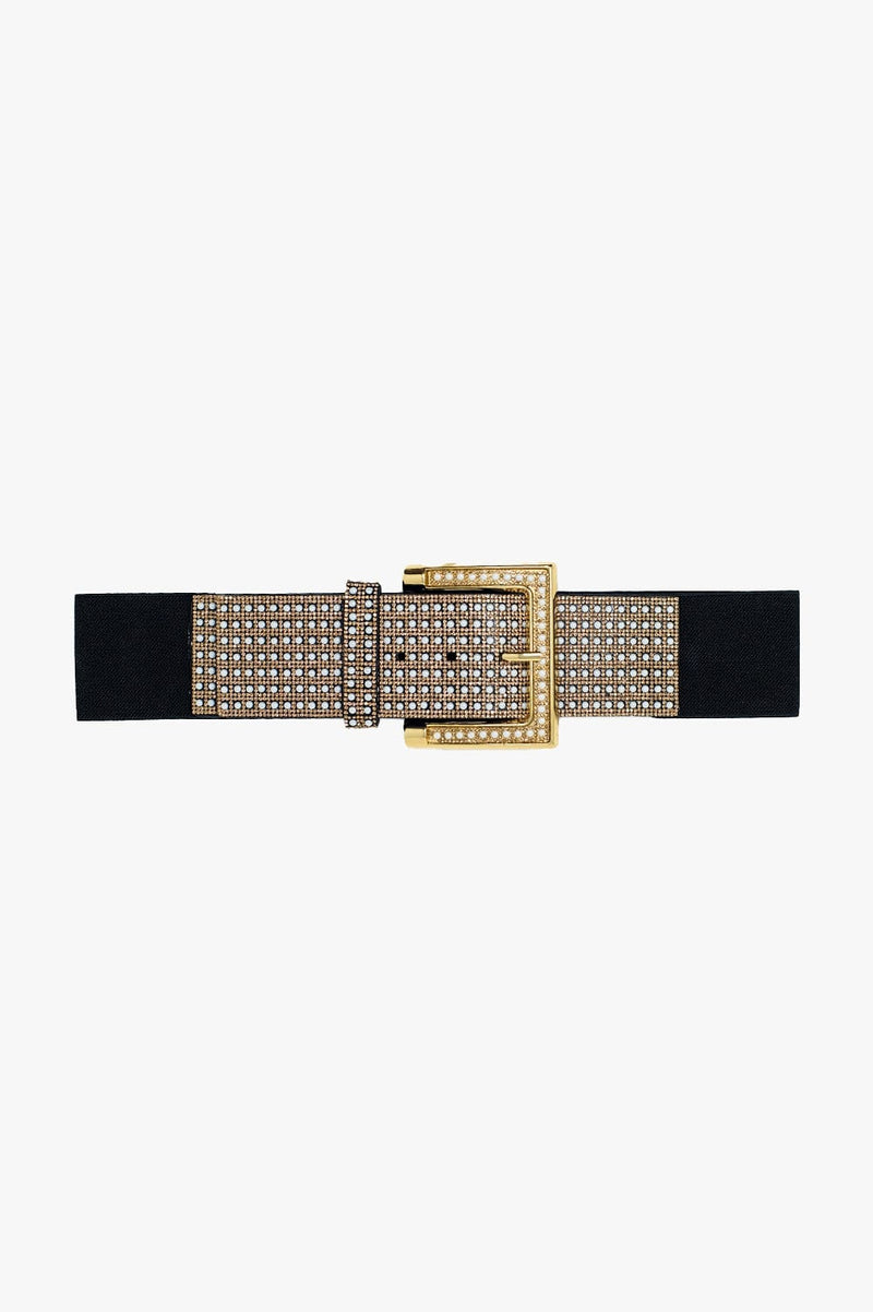 Q2 Women's Belt One Size / Black Wide Black Belt With Studded Strass Design And Squared Buckle.