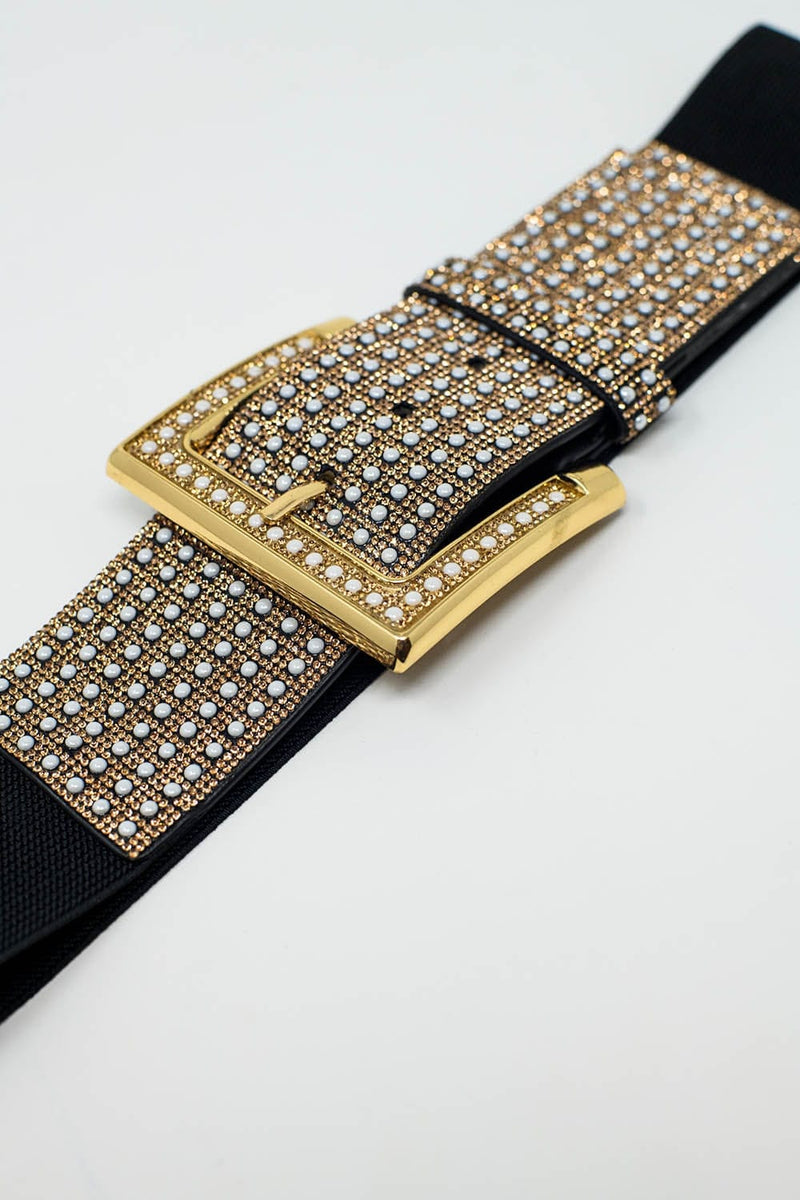 Q2 Women's Belt One Size / Black Wide Black Belt With Studded Strass Design And Squared Buckle.