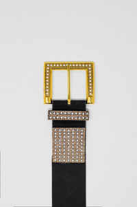 Q2 Women's Belt One Size / Black Wide Black Belt With Studded Strass Design And Squared Buckle.