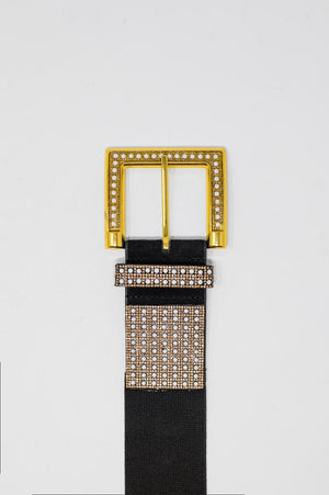 Q2 Women's Belt One Size / Black Wide Black Belt With Studded Strass Design And Squared Buckle.