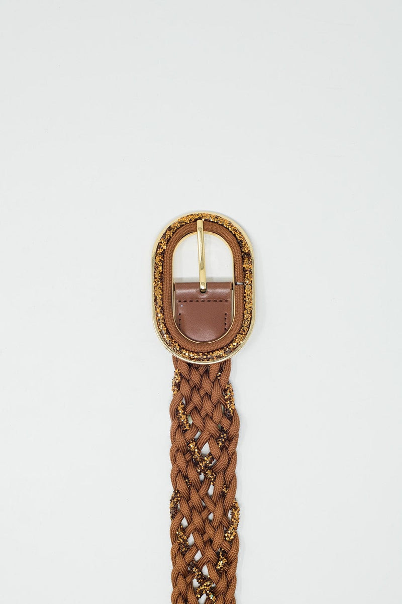 Q2 Women's Belt One Size / Brown Brown Braided Belt With Intertwined Gold Thread And Oval Buckle