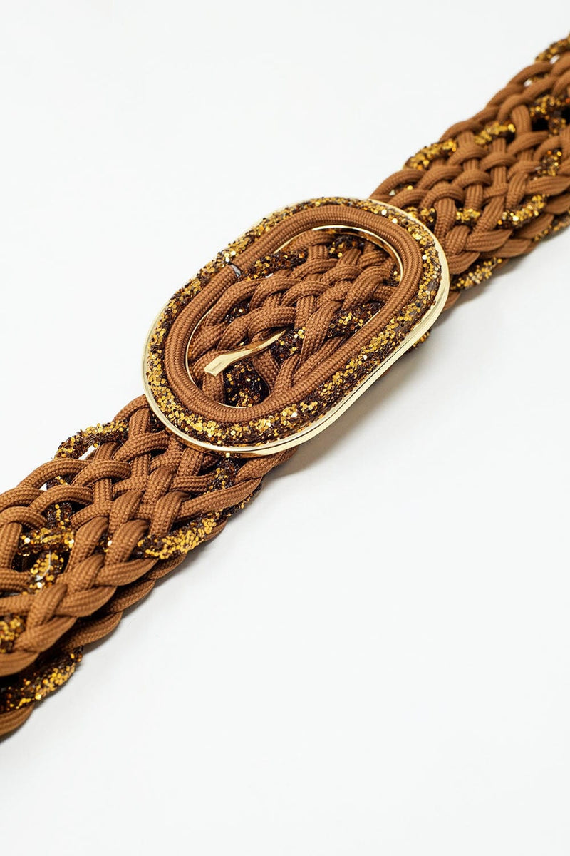 Q2 Women's Belt One Size / Brown Brown Braided Belt With Intertwined Gold Thread And Oval Buckle