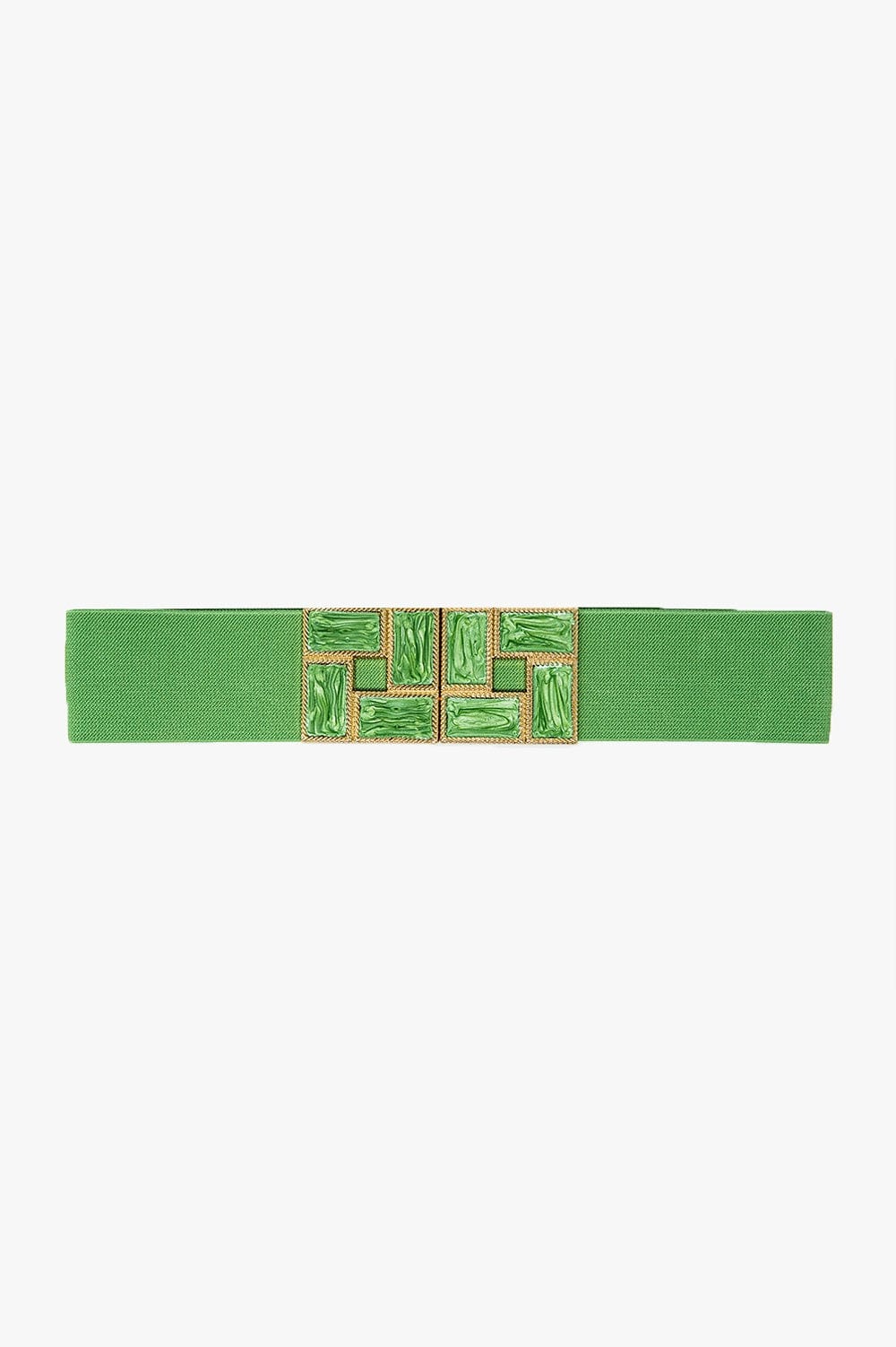 Q2 Women's Belt One Size / Green Green Elastic Belt With Squared Marbled Buckles And Gold Details