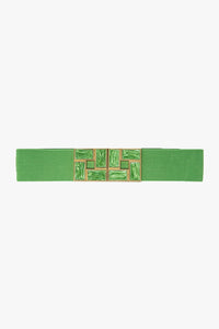 Q2 Women's Belt One Size / Green Green Elastic Belt With Squared Marbled Buckles And Gold Details