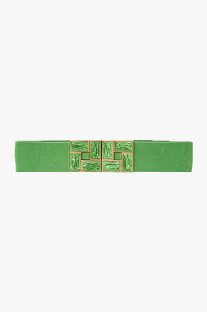 Q2 Women's Belt One Size / Green Green Elastic Belt With Squared Marbled Buckles And Gold Details