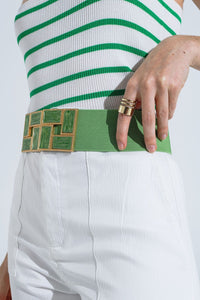 Q2 Women's Belt One Size / Green Green Elastic Belt With Squared Marbled Buckles And Gold Details