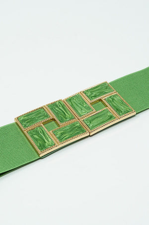 Q2 Women's Belt One Size / Green Green Elastic Belt With Squared Marbled Buckles And Gold Details