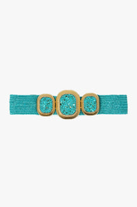 Q2 Women's Belt One Size / Green Turquoise Woven Belt With Rectangular Buckle With Beads