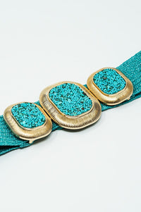 Q2 Women's Belt One Size / Green Turquoise Woven Belt With Rectangular Buckle With Beads