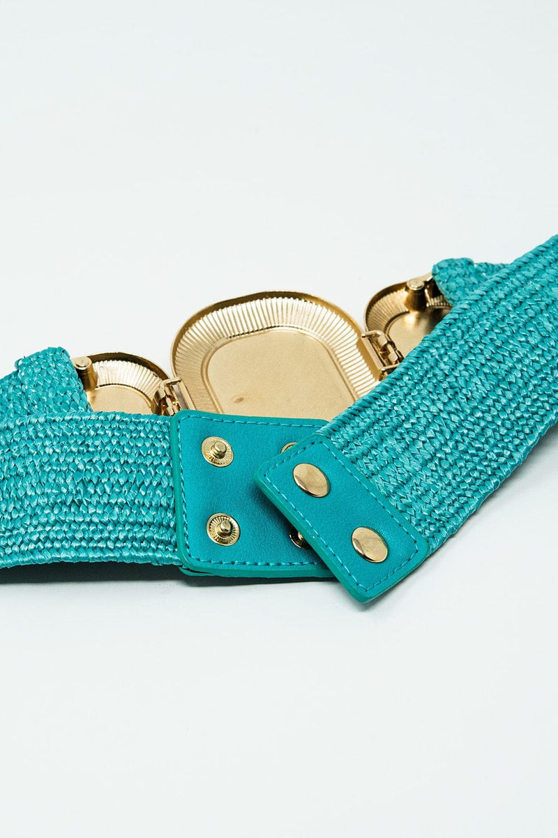 Q2 Women's Belt One Size / Green Turquoise Woven Belt With Rectangular Buckle With Beads