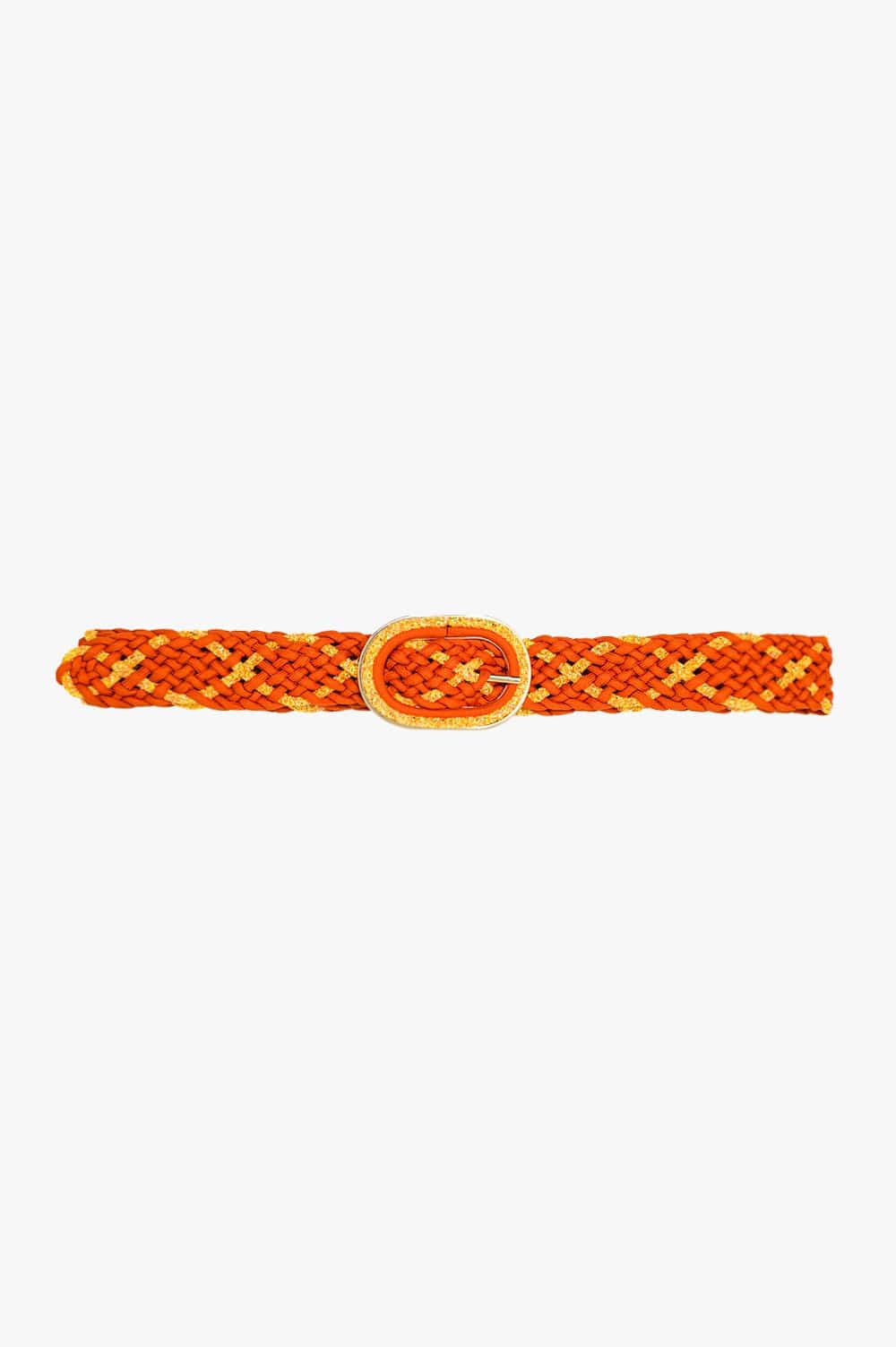Q2 Women's Belt One Size / Orange Orange Braided Belt With Intertwined Gold Thread And Oval Buckle