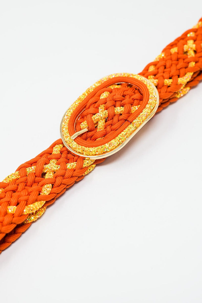 Q2 Women's Belt One Size / Orange Orange Braided Belt With Intertwined Gold Thread And Oval Buckle